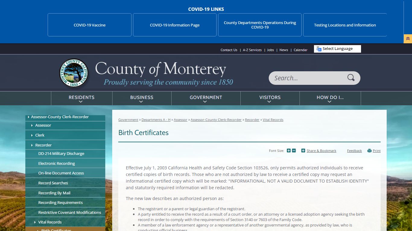 Birth Certificates | Monterey County, CA